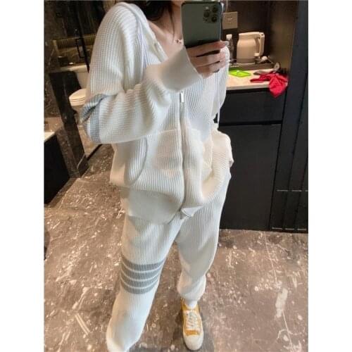 Two-piece Striped Knit Sweater Hooded Zipper Cardigan Jacket Loose Pants Womens Tracksuit Set 2 Set Piece Set Woman