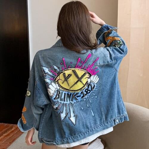 Hip-hop Street Wear Long-sleeved Lapel Fashion Retro Smiley Graffiti 2021 New Spring And Autumn Loose Denim Jacket Female