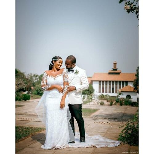 Vestidos De Novia Africa Mermaid Wedding Dresses Sweep Train 2021 Long Sleeve Lace Appliques Sheer Neck Formal Bridal Dresses