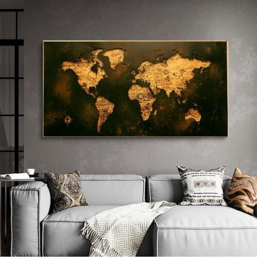 Vintage Golden World Map Picture Modern Canvas Painting HD Print Poster Office Mural Living Room Bedroom Decoration Frameless