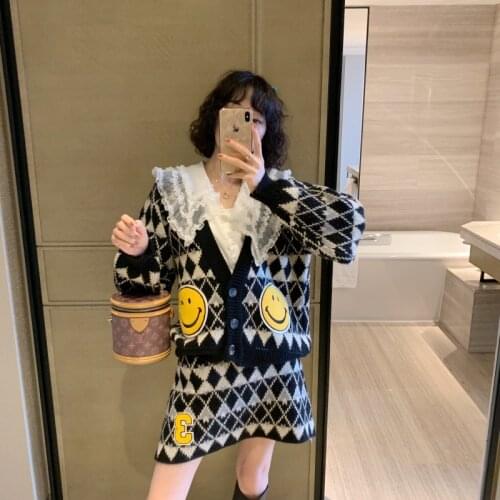 Jacket womens autumn and winter long-sleeved v-neck cardigan knitted Korean loose sweater skirt two-piece suit