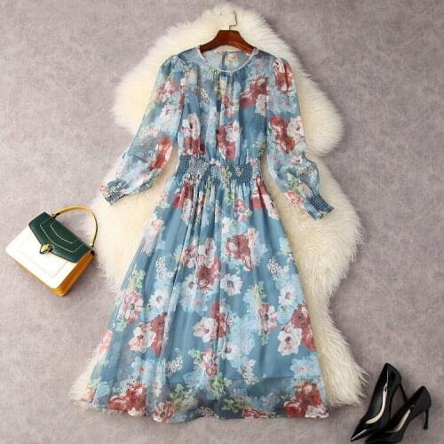 European and American womens wear for summer 2021 Long sleeved flower print Fashion elastic-waisted pleated dress
