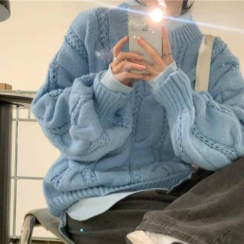New 2020 Autumn Womens Sweaters Minimalist Elegant Korean Oversize Vintage Short Knitted Lady Jumpers Pink Blue Pullover Winter