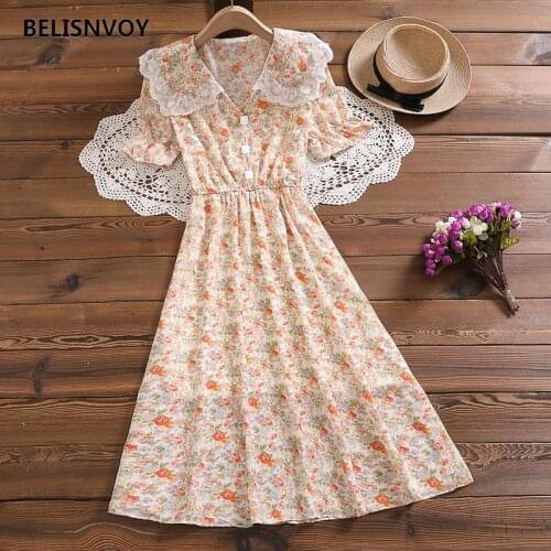 Mori Girl Summer Women Floral Printed Dress Peter Pan Collar With Lace Elegant Chic Dress 2021 Vintage Chiffon Midi Female Dress