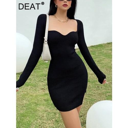 DEAT 2021 new summer fashion women clothes sqaure collar full sleeves knitting slim pullover dress female vestido WR24301L