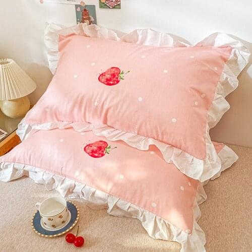 1 Pair 48x74cm Sweety Strawberry Pillow Case Cotton Ruffle Lace Pillowcase Flower Printed Kid Girl Room Decor Cute Pillow Cover