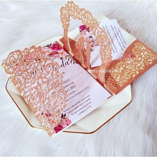 50pc Pink Gold Glitter Pop Up Wedding Invitation Personalized Print DIY 3D Bride And Groom Greeting Card For Bridal Shower Party