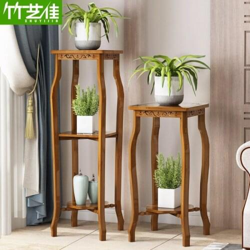 Bamboo hexagonal flower shelf floor-to-ceiling indoor multi-layer balcony retro living room single storage decoration