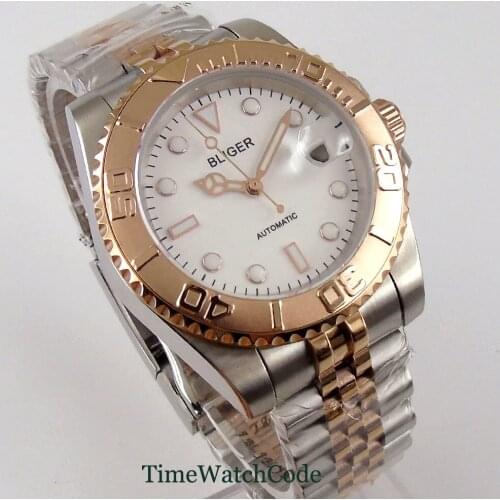 40mm golden Bliger mens watch Miyota8215 Japanese NH35 automatic movement sapphire glass two tone date Jubilee band white dial