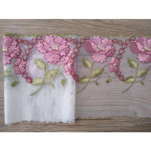 1Yard 17cm Flower Embroidered Lace Trims Rose Red Mesh Costume Decorative Tulle Mesh Applique Trimmings Fabric DIY Craft