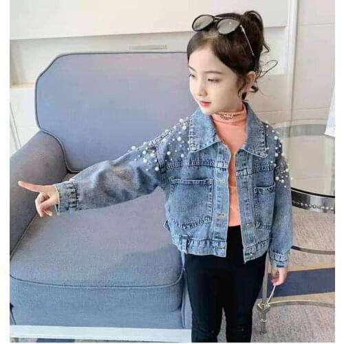 Girls' Denim Coat Spring And Autumn New 2021 Girls' Pearl Denim Coat