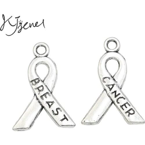 KJjewel Antique Silver Plated Breast Cancer Ribbon Charm Pendant for Making Bracelets Jewelry Accessories Craft DIY 23x16mm