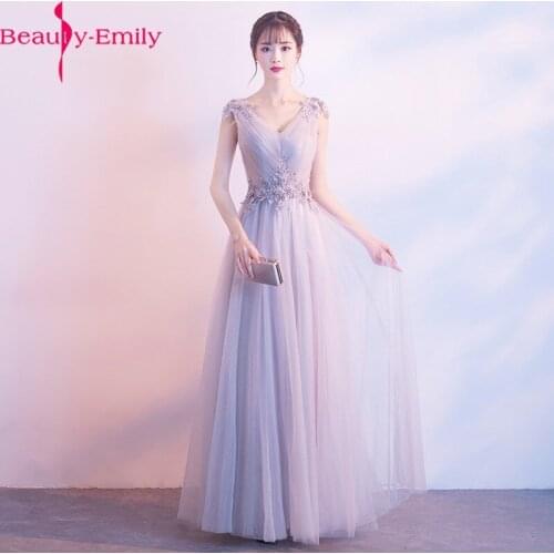 Beauty Emily Charming V Neck Appliqued Tulle Evening Dress 2020 Fashion Lace Up Back Illusion Special Occasion Dress