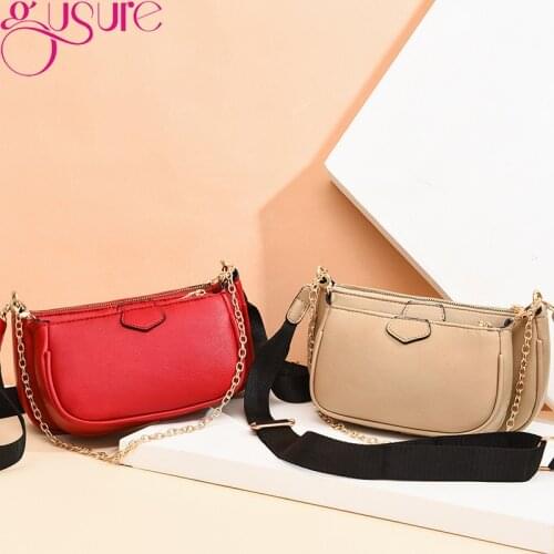 Gusure Fashion Womens Shoulder Bag Designer 3 pcs/Set Chain Crossbody Messenger Bags Lady Wide Strap Purse Baguette Bag Purse