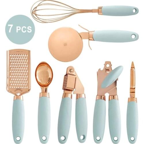 7 Pcs Kitchen Gadget Set Multifunction Kitchen Tools Copper Coated Stainless Steel Utensils with Soft Handle Garlic Press