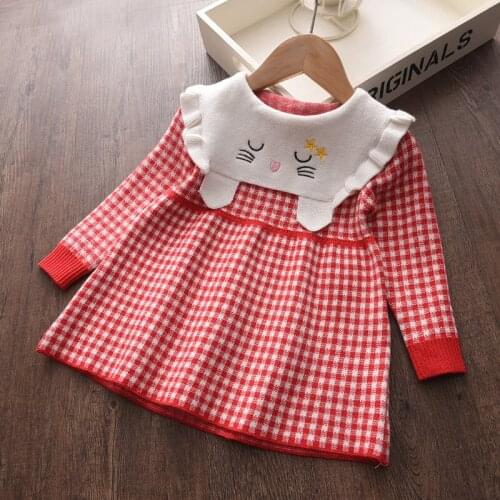 2021 New Girls Plaid Dress Autumn Girl Causal Cartoon Cute Dress Kid Princess Costume Cute Knitted Children Vestidos
