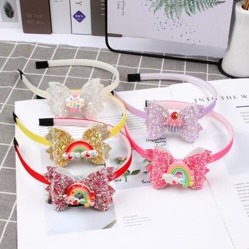 XIMA 1PC 3''Glitter Rainbow Hair Bows Children Hair Accessories Girls Plastic Teeth Hairband Party Headband for Kids Children