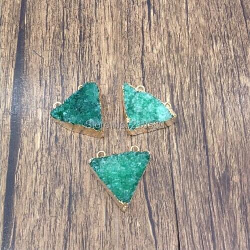 PS0003 Green Quartz Crystal Triangle Druzy Pendants with Gold Electroplated Edge Two Loops