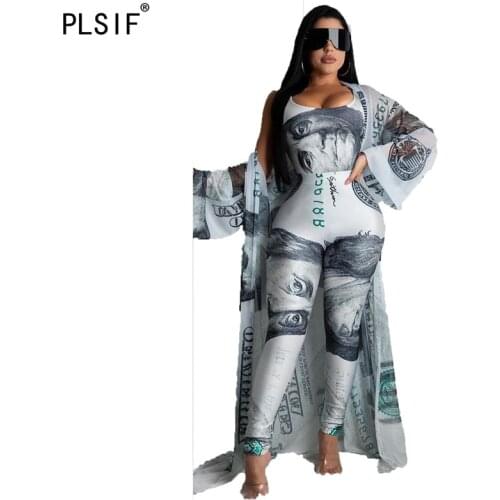 European style special dollar print lady clothing high waist tight full length jumpsuits + long loose cloak 2 piece set outfit