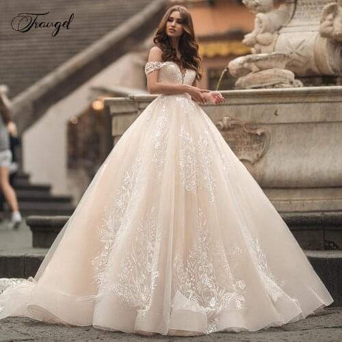 Traugel Sexy Sweetheart Backless Lace Ball Gown Wedding Dresses Luxury Short Sleeve Applique Chapel Train Vintage Bridal Gown