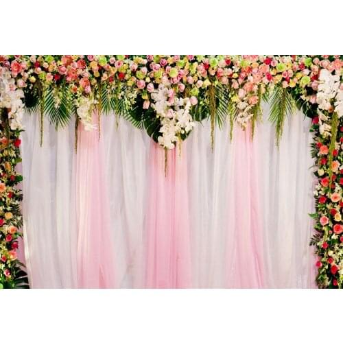 VinylBDS Photo Background Flowers Backdrop Flower Photocall Wedding Pink and White Curtain Photo Backdrops for Photocall Bodas