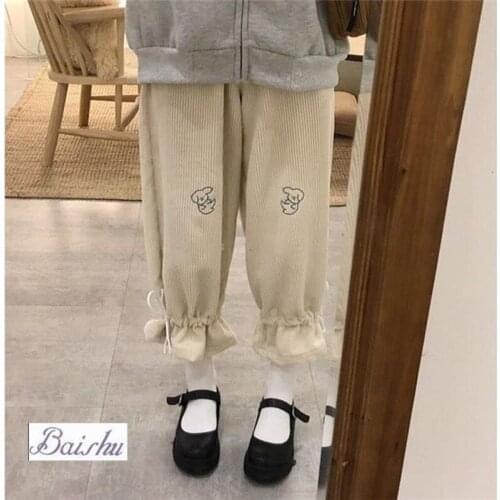 Japanese Soft Girl Wide-leg Pants Women Spring and Autumn Japanese Loose Cute Corduroy Bud Bloomers Casual Cropped Pants