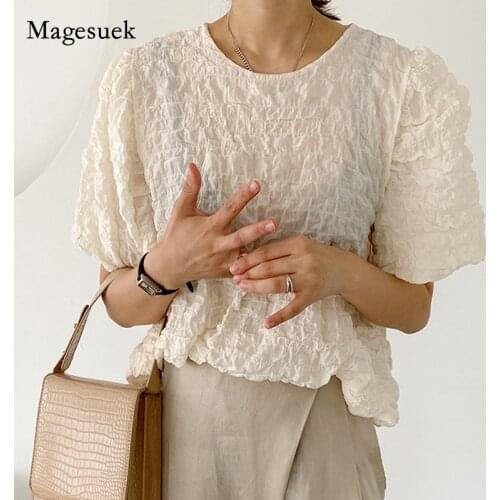 New Short Sleeve Pleated Fashion Loose Casual Top Korean Summer O Neck Shirt Puff Sleeve Simple Blouse Women Blusas Mujer 13752