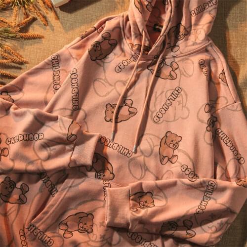 2021 Autumn New Hip Hop Streetwear Cute Bear Print Graphic Tops Sweatshirt Hoodie Women Harajuku Fjapanese Fashion Teens Clothes
