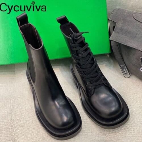 New Genuine Leather Chelsea Boots Slip On Platform Chunky Heels Women Shoes Casual Square Toe Winter Bottnes Feminina Shoes 2021