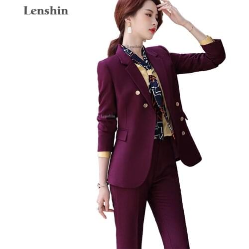 Lenshin High-quality 2 Piece Suit Set for Women Wine Pant Suits Business Office Lady Work Wear Formal Blazer with Trouser