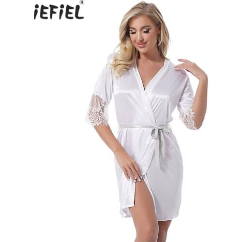Women Plus Size Sexy Nightwear Set Night-robe Half Sleeves Lace Adorned Cardigan Sash Self Tie Pajama Sets with G-String Briefs