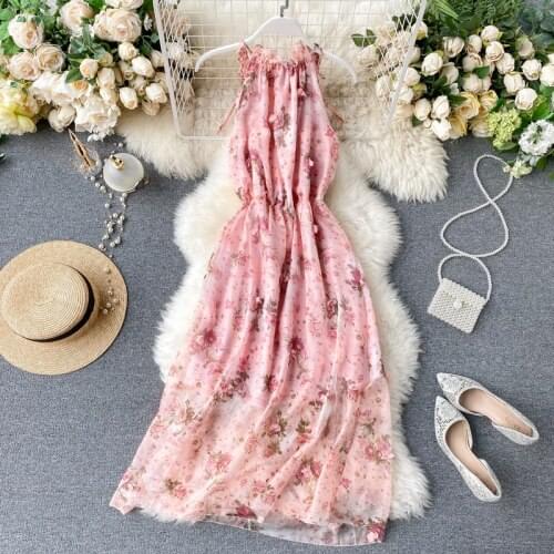 Korean Chic High Waist Hip Holiday Beach A Line Dress O Neck Sleeveless Flower Print Halter Vestido Bohemian Ropa