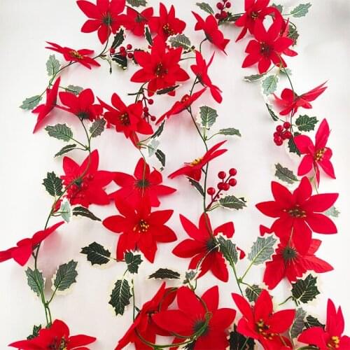 1PC Artificial Christmas Vines Red Flower Green Leaves Vines Fake Plants Home Decor Hanging Wall Rattan Artificial Plant
