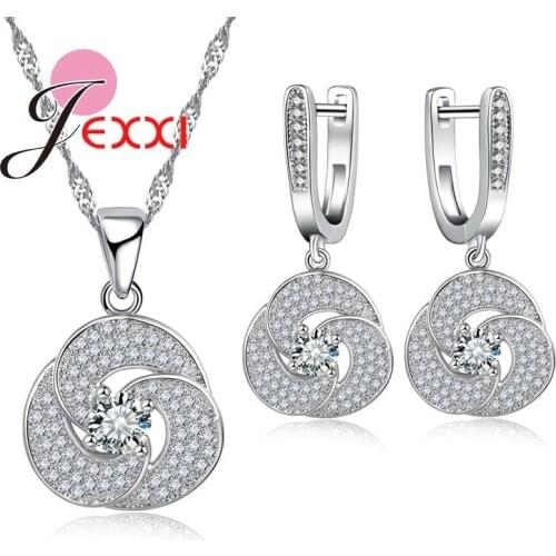 Free Shipping Spiral Pattern Flower Shape Necklace And Earrings Set Fashion Silver Chain Rhinestone Crystal Women Jewery