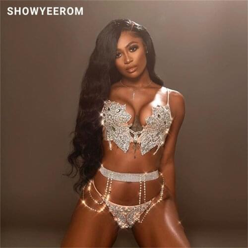 Shining Rhinestone Bikini Outfit Women Sexy Party costumes Bra Short Silver Bikinis Bling Stage Dance Nightclub Dancewear