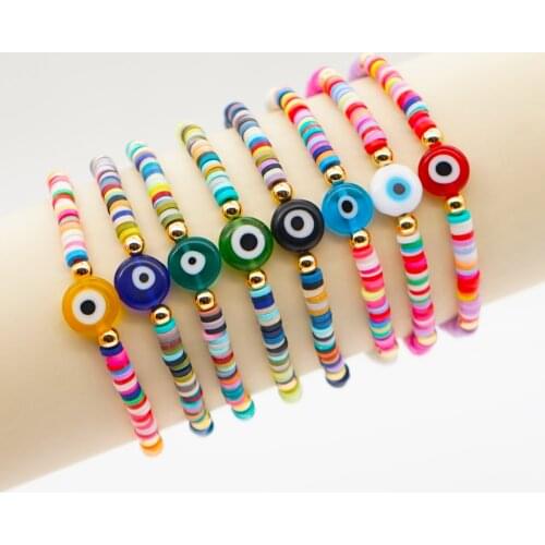 Go2Boho Turkish Evil Eye Bracelet Greek Eye Charm Colorful Disc Beads 4mm Heishi Bracelets for Women Lucky 2021 Boho Jewelry