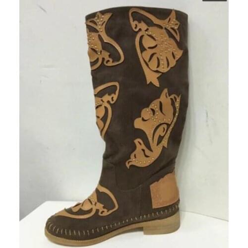 Black White Khaki Rivets Studded Carved Leather Patchwork Knee High Suede Leather Martin Boots Round Toe Flat WomanLong Boots