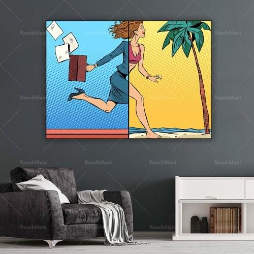 Business woman dreams of seaside vacation, extra pop art retro style decorative wall art poster