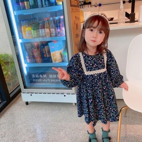 Kids Clothes Floral Print Girls Dresses 2021 Autumn Toddler Girl Princess Vintage Smock Dress 2 Color 2-6Y