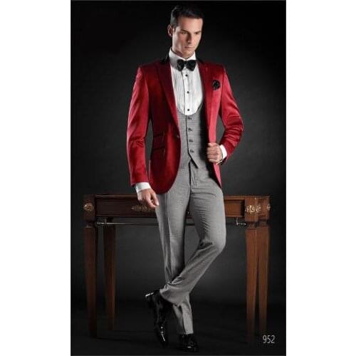 Red Coat With Grey Vest And Pant Wedding Men Suit Groom Prom Tuxedo Terno Masculino Men Suits 3 Pieces ( Jacket+Pants+Vest)