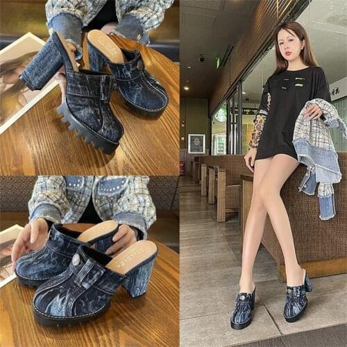 Summer Ladies High-Heeled Shoes Stylish Womens Blue Cowboy Comfortable BAOTOU Slipper Platform Square Heel Sandals Zapatillas