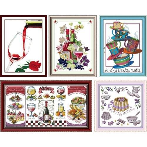 Wine&cake&teapot 11CT14CT Handmade Cross Stitch Kits Printed Pattern Crafts DMC on Fabric Sewing Needlework Embroidery Set Decor