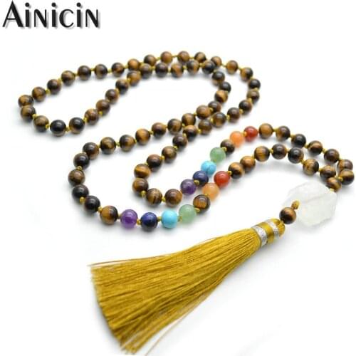 Natural Tiger Eyes Fashion Long Tassel Rock Crystal 7 Chakra Healing Necklace For Men and Women Jewelry
