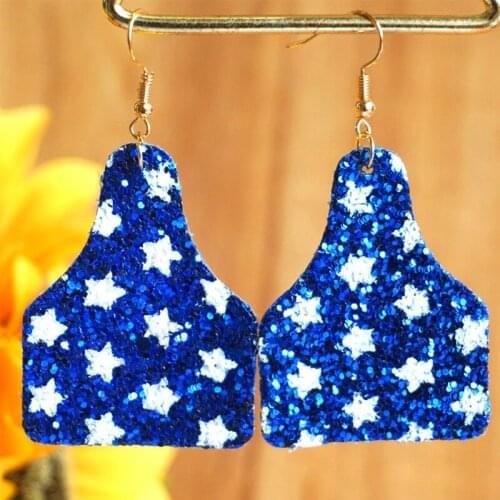 2021 New Fourth of July Flag Sequins Star Blue Stripe Glitter Independence Day Leather Drop Earrings for Women
