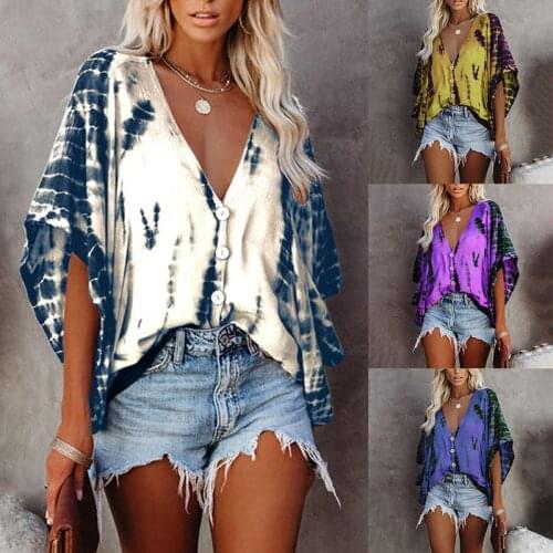 New Summer Casual V Neck Bat Sleeve Tie-Dye Print Loose Streetwear Vintage Oversized Shirts Womens Blouse Ladies Plus Size Tops