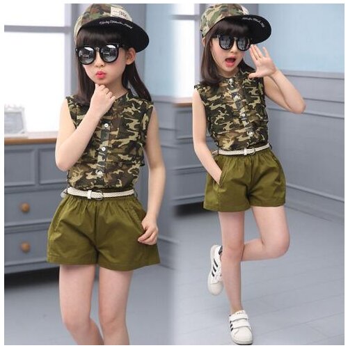 2018 Beanie Childrens Clothing New Clothes For Girls Summer Chiffon Camouflage Set With Belt 3 piece Army Green kids prom suits