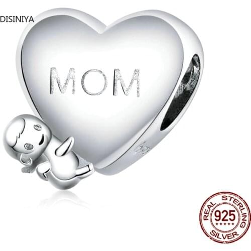 DISINIYA Mothers Day Baby with Mon Heart Shape Charm 925 Sterling Silver Metal Beads for Women Jewelry Making DIY ZBSC00218