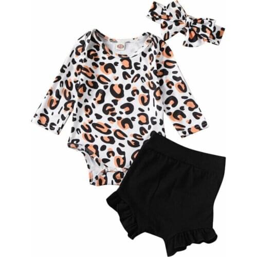 Newborn Baby Boys Girls playsuit Outfits Long Sleeve Leopard Romper Ruffled Shorts Pants Headband 3Pcs Clothing Set Tracksuit