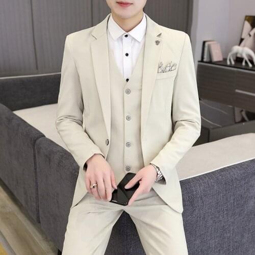 2021 Fall Winter Men Solid Color Handsome Suit Youth New Trendy Slim Fit Business Professional Suit Three-Piece Suit