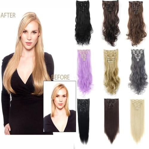 24" Straight Natural Clip In Hair Extensions Long 8 Pieces Soft Silky Full Head Long Curly Wave Synthetic Hair Extensions